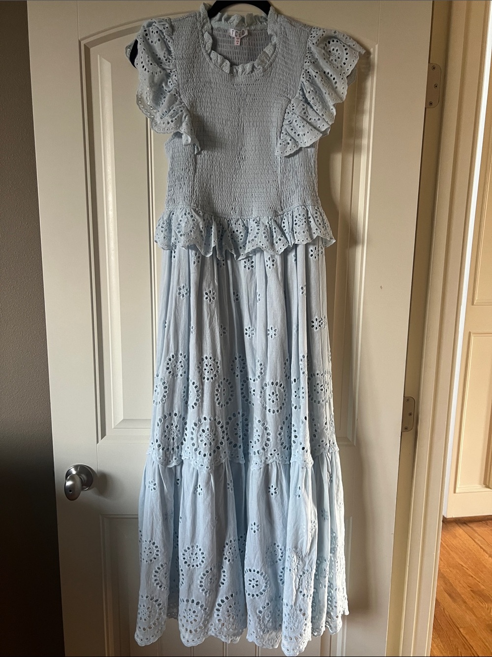 TCEC Light Blue Eyelet Ruffle Maxi Dress, women’s medium